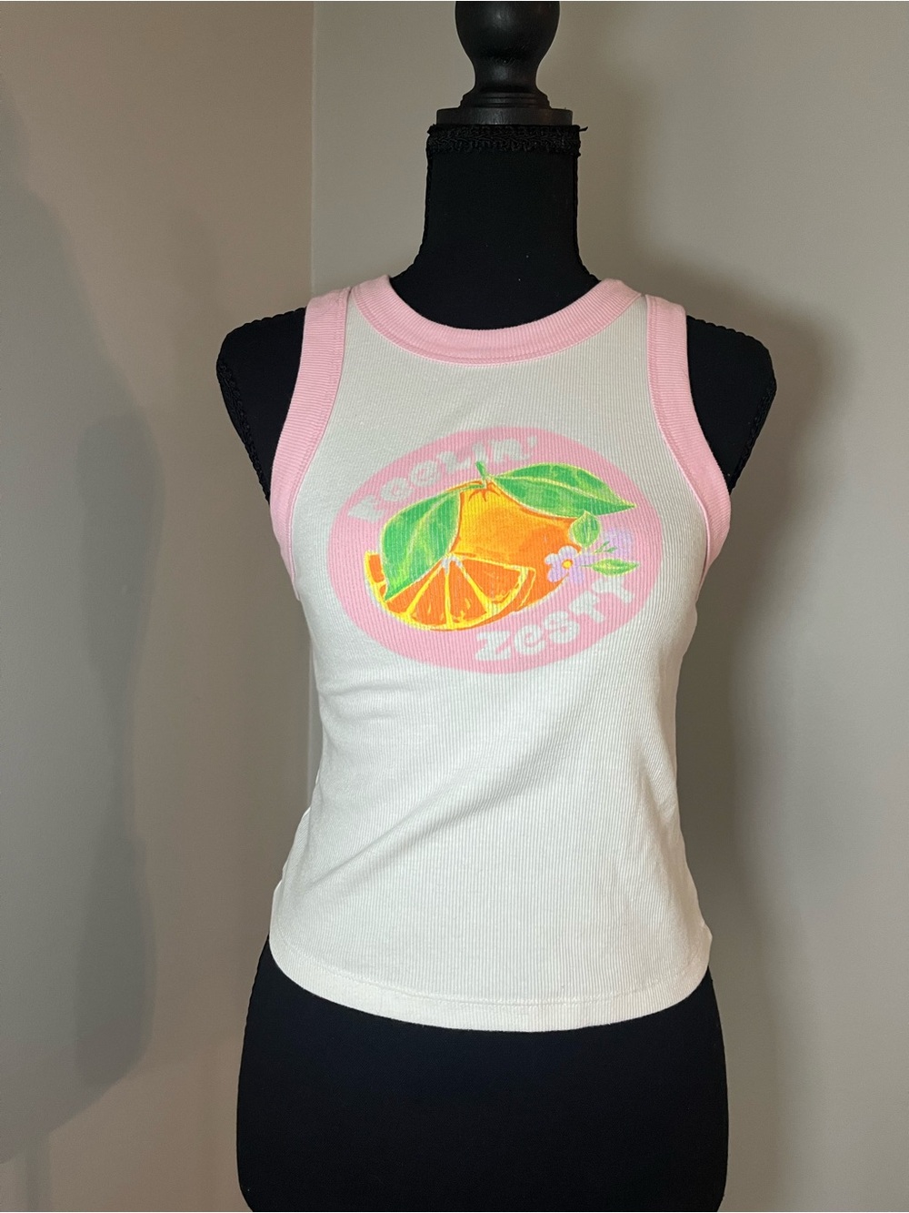 Old Navy White Tank with Pink Trim & Citrus Graphic